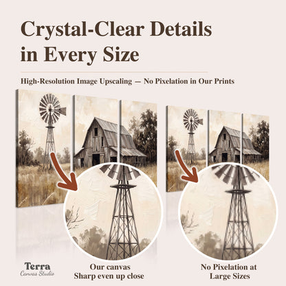A weathered wooden barn and windmill in a golden country field artwork quality information