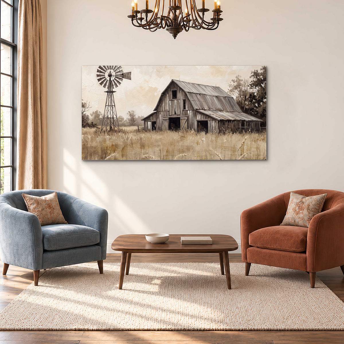 A weathered wooden barn and windmill in a golden country field single canvas wall art styled in an interior