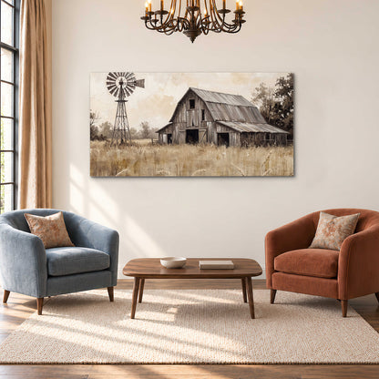 A weathered wooden barn and windmill in a golden country field single canvas wall art styled in an interior