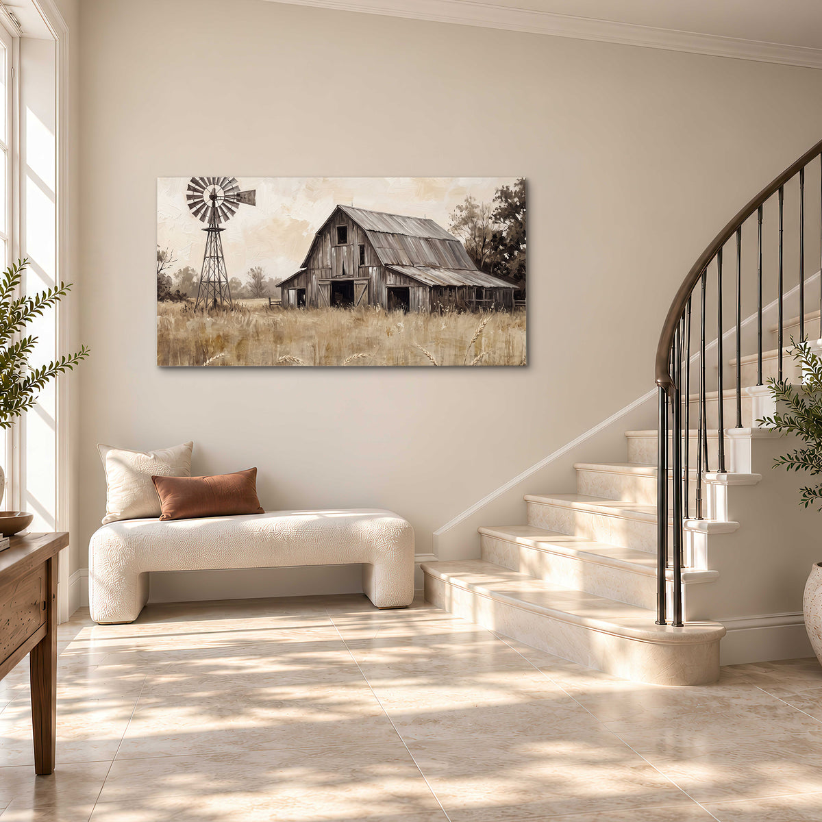 A weathered wooden barn and windmill in a golden country field single canvas wall art styled in an interior