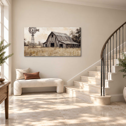 A weathered wooden barn and windmill in a golden country field single canvas wall art styled in an interior