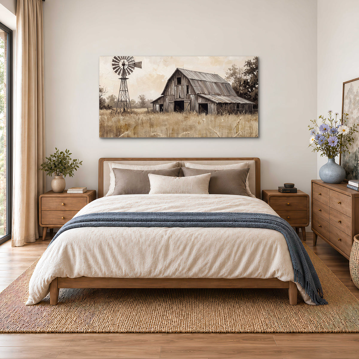 A weathered wooden barn and windmill in a golden country field single canvas wall art styled in an interior