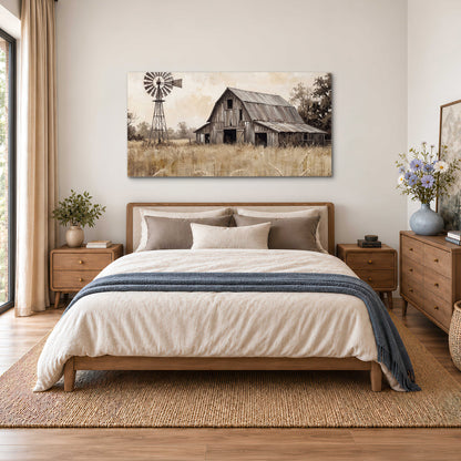 A weathered wooden barn and windmill in a golden country field single canvas wall art styled in an interior