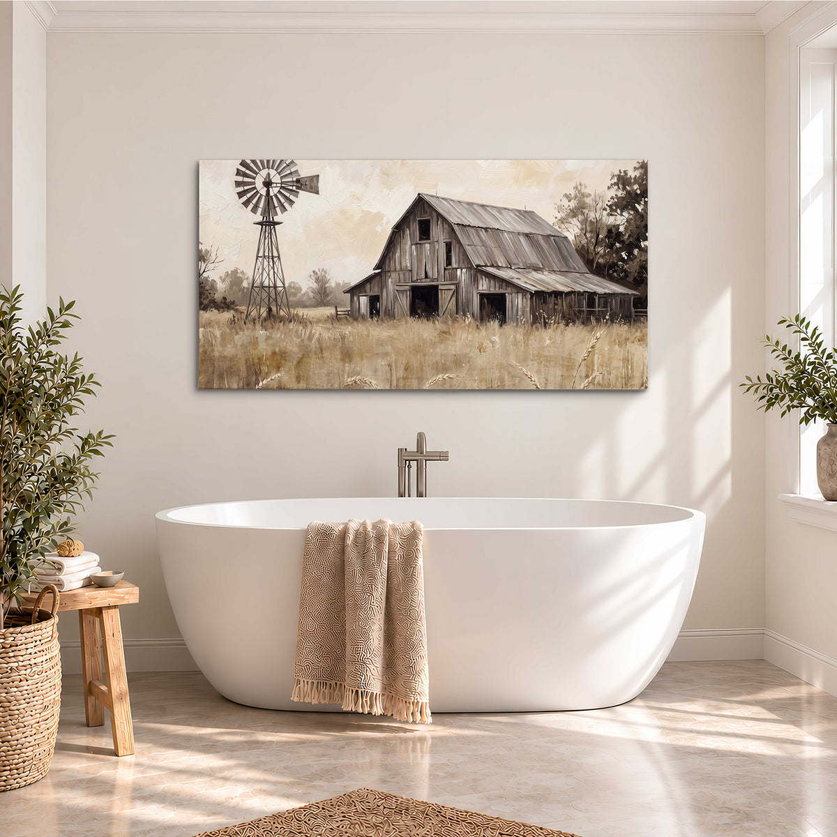 A weathered wooden barn and windmill in a golden country field single canvas wall art styled in an interior