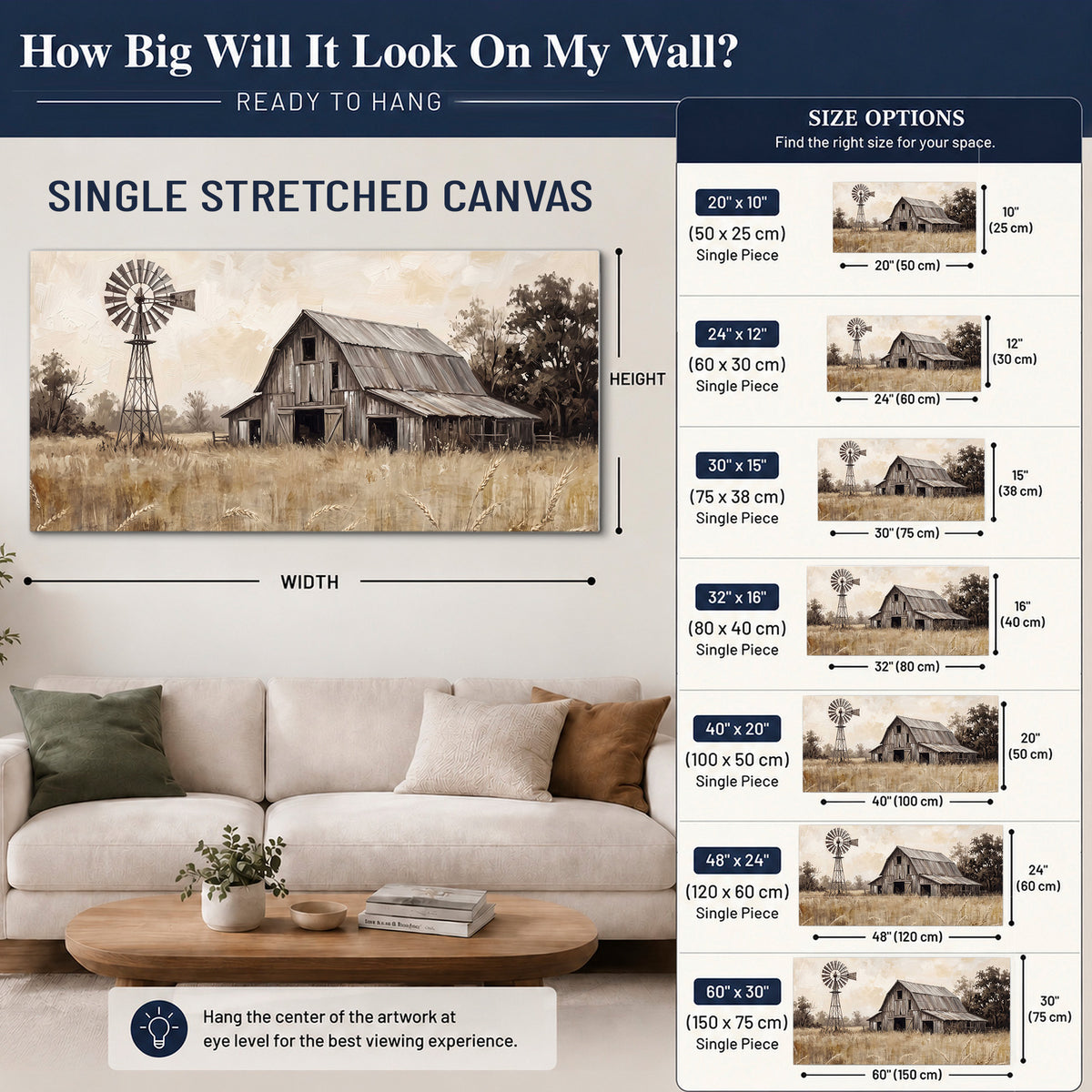 A weathered wooden barn and windmill in a golden country field single canvas wall art size guide above a sofa; room view is illustrative