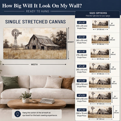 A weathered wooden barn and windmill in a golden country field single canvas wall art size guide above a sofa; room view is illustrative