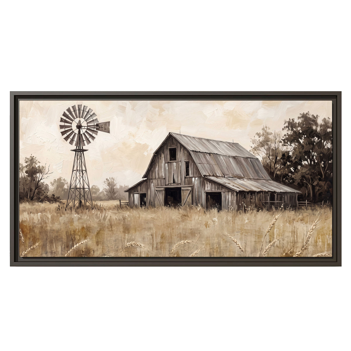 A weathered wooden barn and windmill in a golden country field single framed canvas wall art viewed straight on