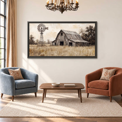 A weathered wooden barn and windmill in a golden country field single framed canvas wall art styled in an interior