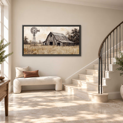 A weathered wooden barn and windmill in a golden country field single framed canvas wall art styled in an interior