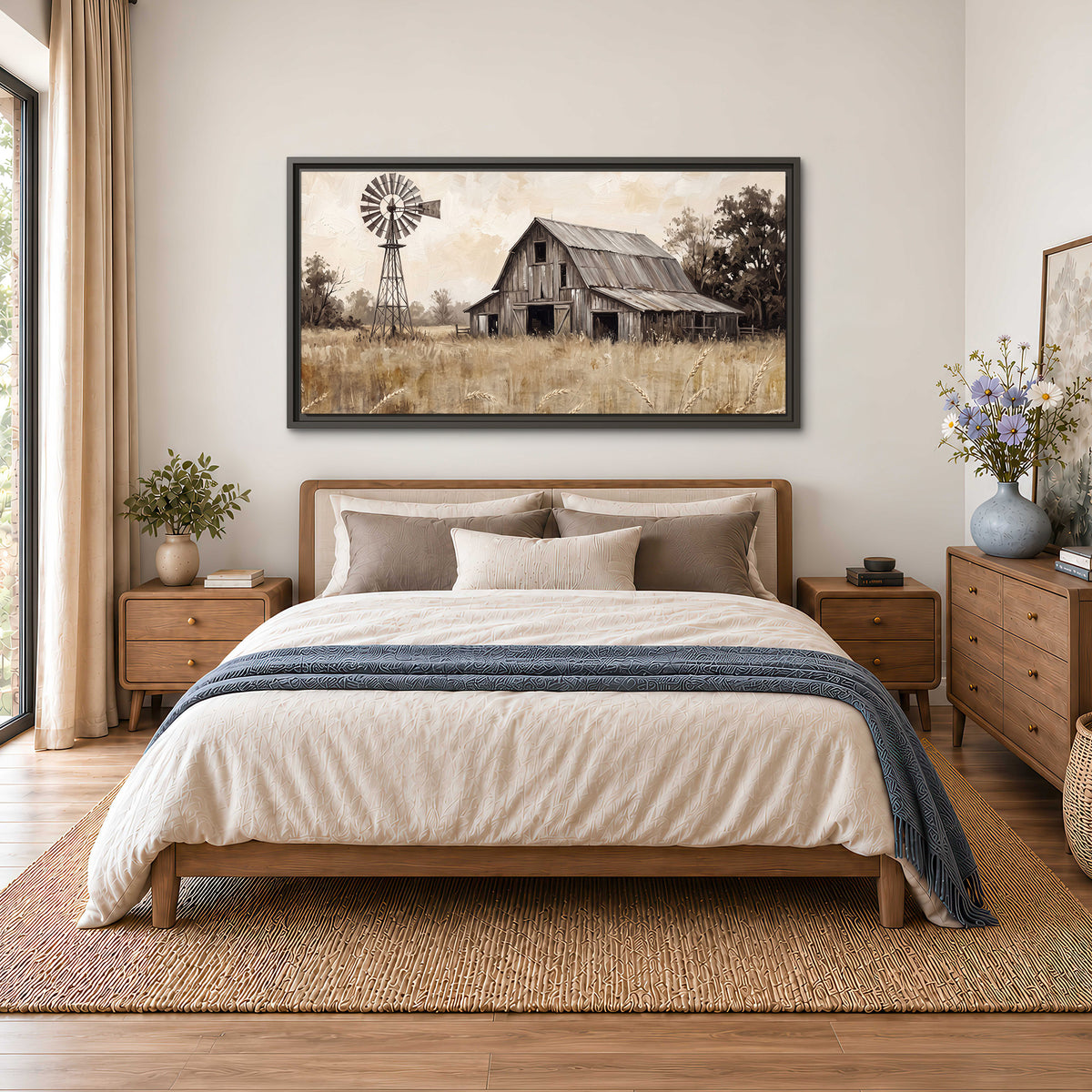 A weathered wooden barn and windmill in a golden country field single framed canvas wall art styled in an interior