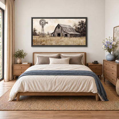 A weathered wooden barn and windmill in a golden country field single framed canvas wall art styled in an interior