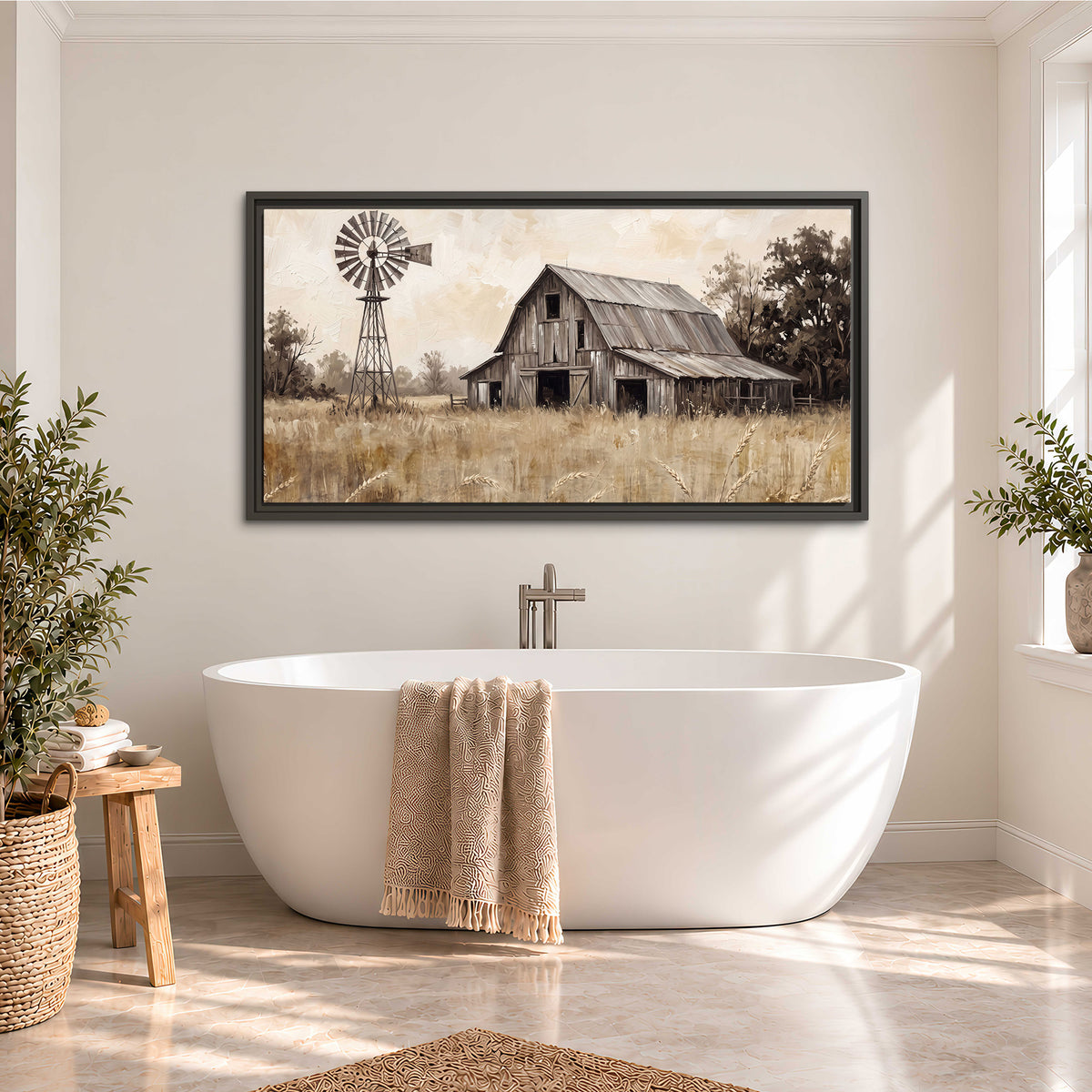A weathered wooden barn and windmill in a golden country field single framed canvas wall art styled in an interior