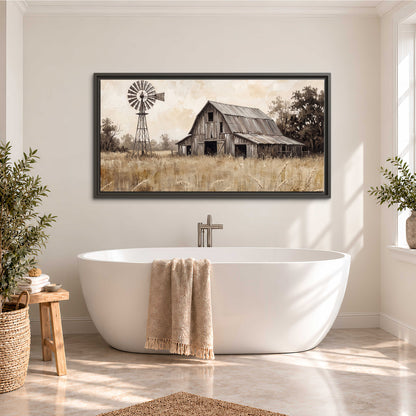 A weathered wooden barn and windmill in a golden country field single framed canvas wall art styled in an interior