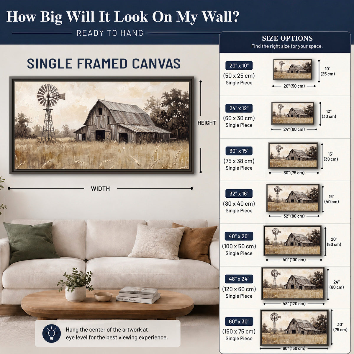 A weathered wooden barn and windmill in a golden country field single framed canvas wall art size guide above a sofa; room view is illustrative
