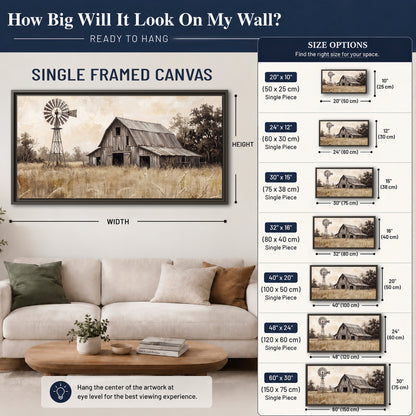 A weathered wooden barn and windmill in a golden country field single framed canvas wall art size guide above a sofa; room view is illustrative