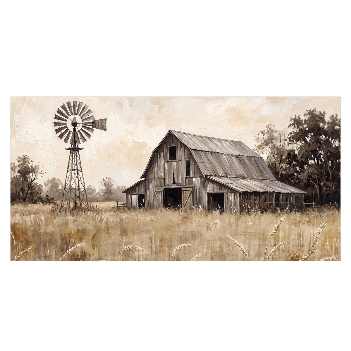A weathered wooden barn and windmill in a golden country field single poster print viewed straight on