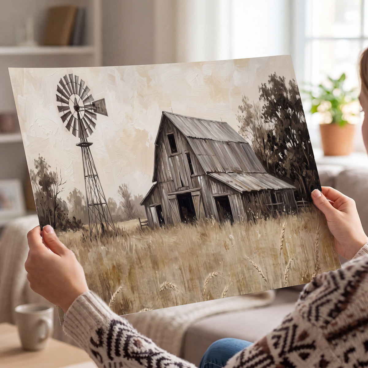 A weathered wooden barn and windmill in a golden country field single poster print held in hands
