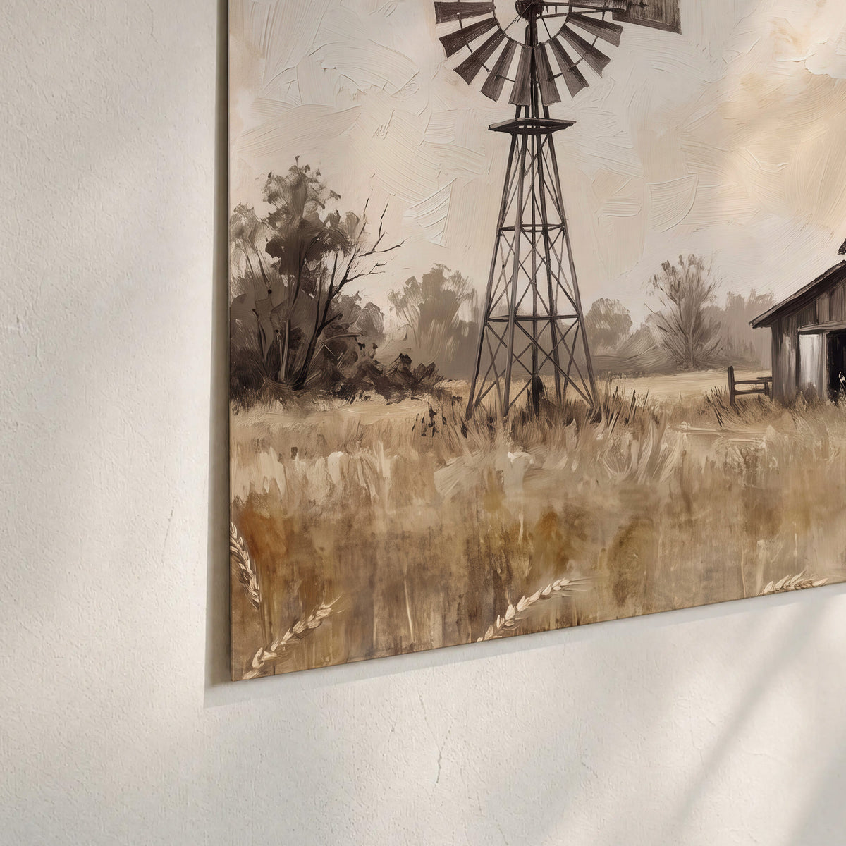 A weathered wooden barn and windmill in a golden country field set of 3 poster prints material and edge close up