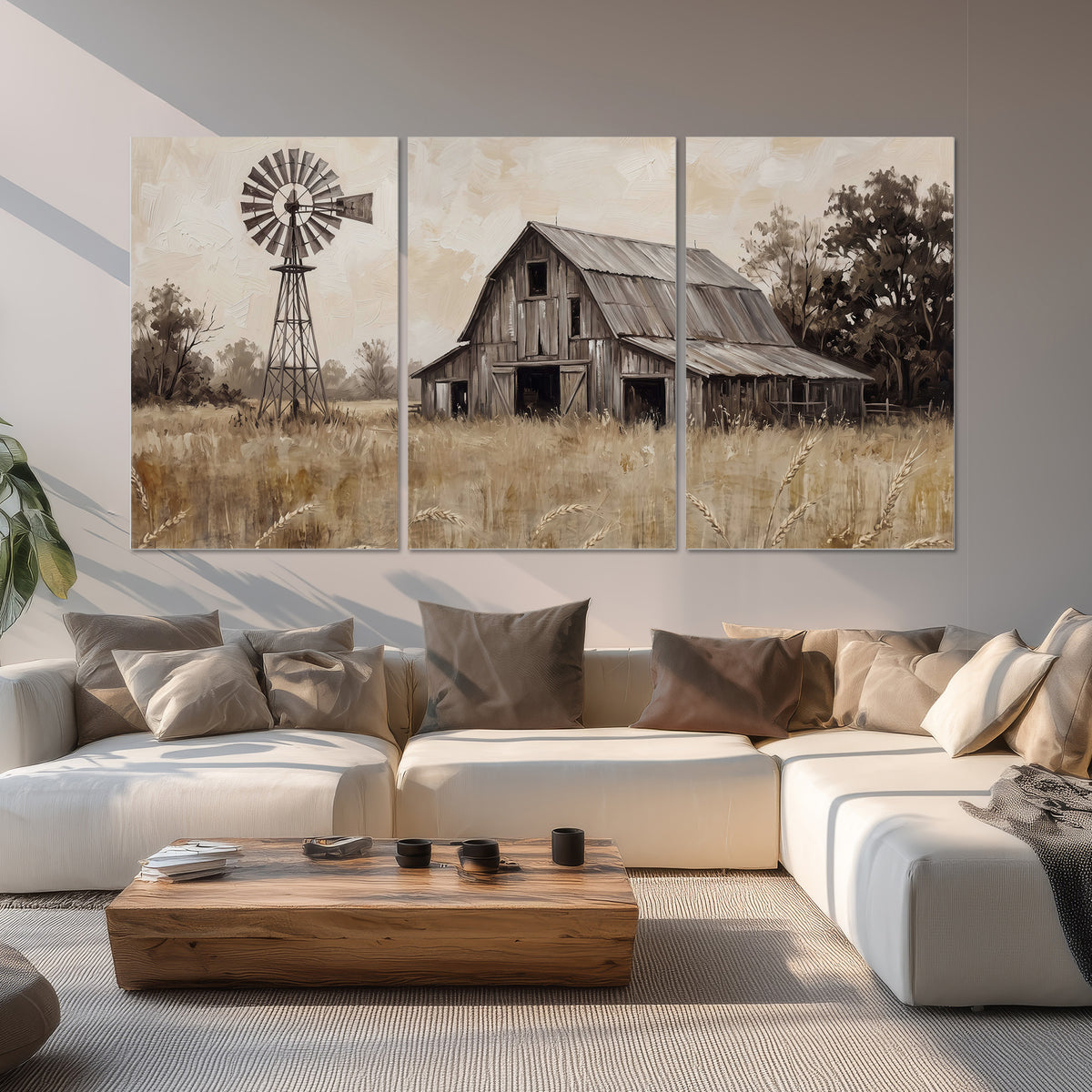 A weathered wooden barn and windmill in a golden country field set of 3 poster prints displayed in a living room
