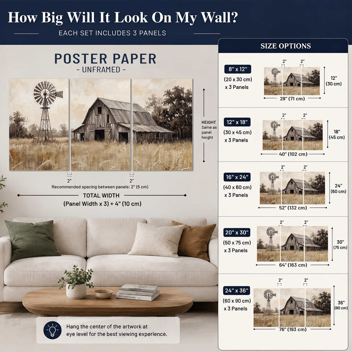 A weathered wooden barn and windmill in a golden country field set of 3 poster prints size guide above a sofa; room view is illustrative