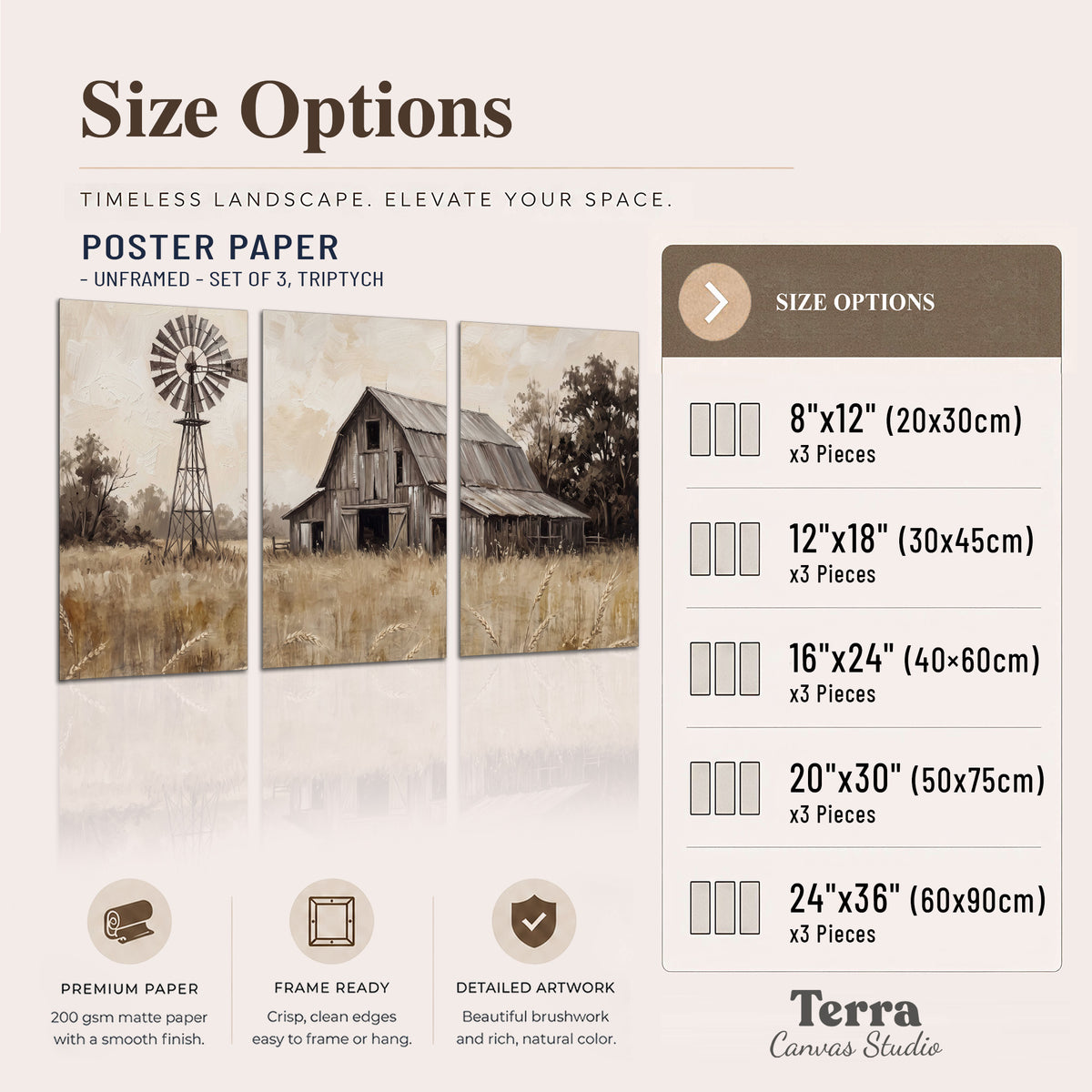 A weathered wooden barn and windmill in a golden country field set of 3 poster prints available dimensions; triptych dimensions are per panel