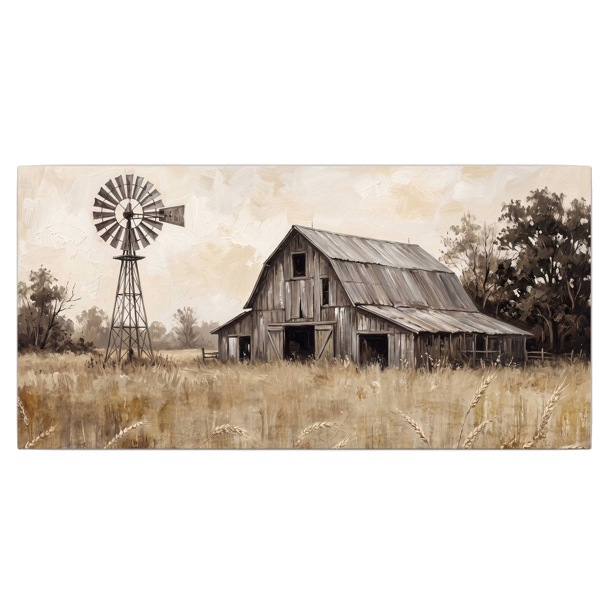 A weathered wooden barn and windmill in a golden country field single canvas wall art viewed straight on