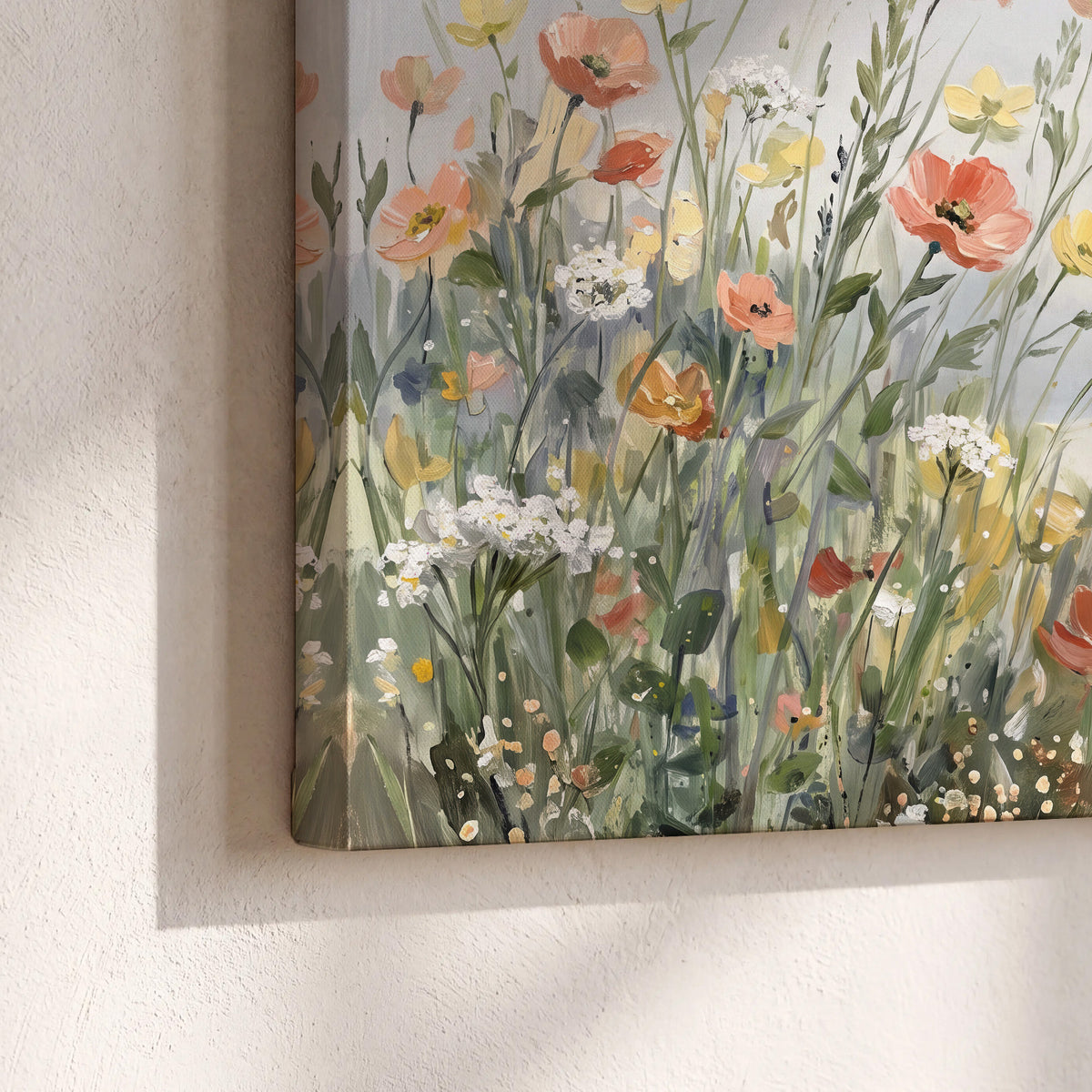 Small colorful wildflowers and light grasses beside a pale lake 3 piece canvas wall art material and edge close up
