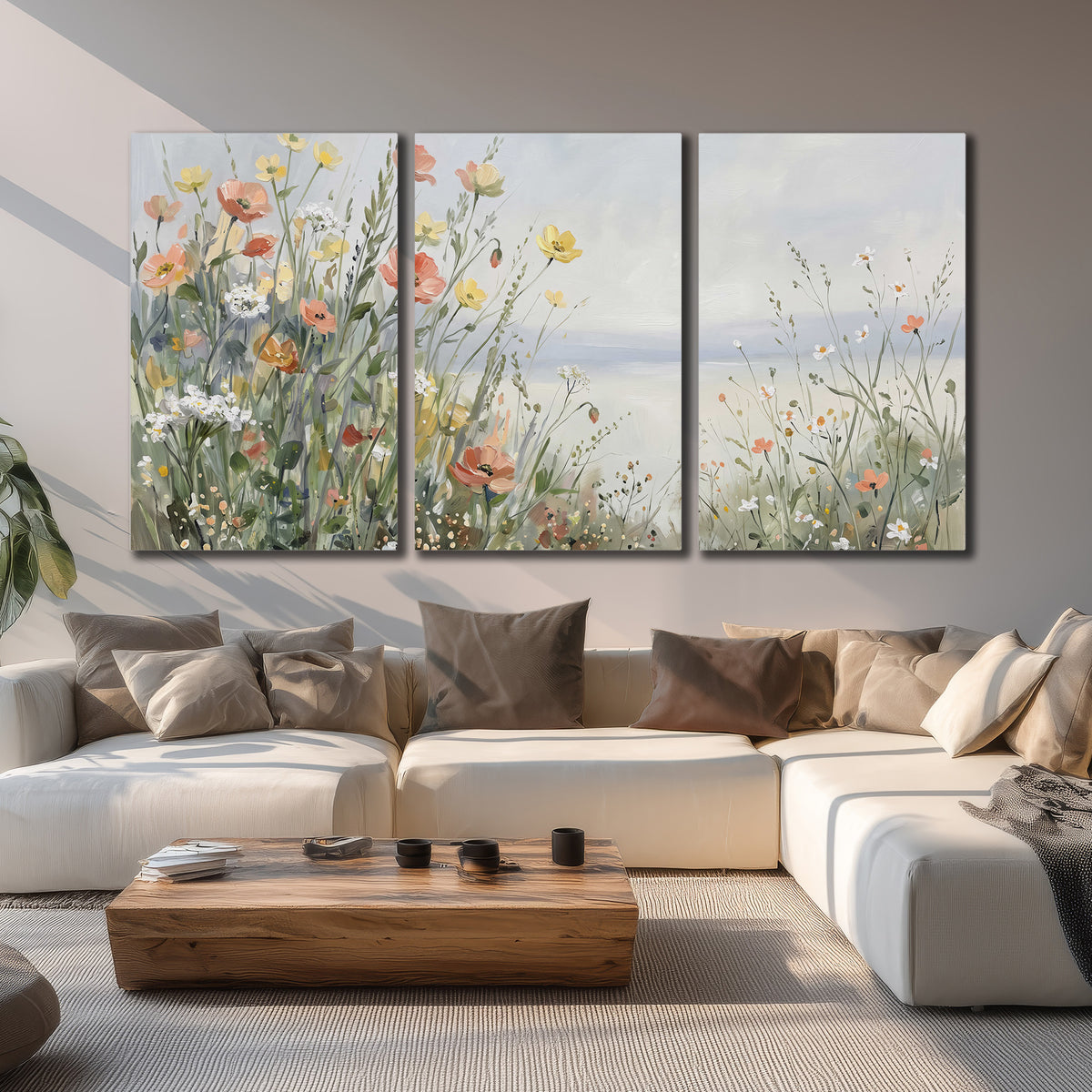 Small colorful wildflowers and light grasses beside a pale lake 3 piece canvas wall art displayed in a living room