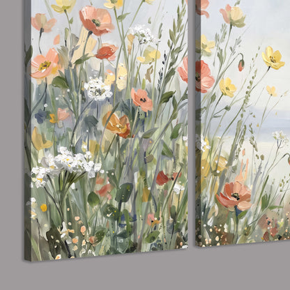 Small colorful wildflowers and light grasses beside a pale lake 3 piece canvas wall art room and product view