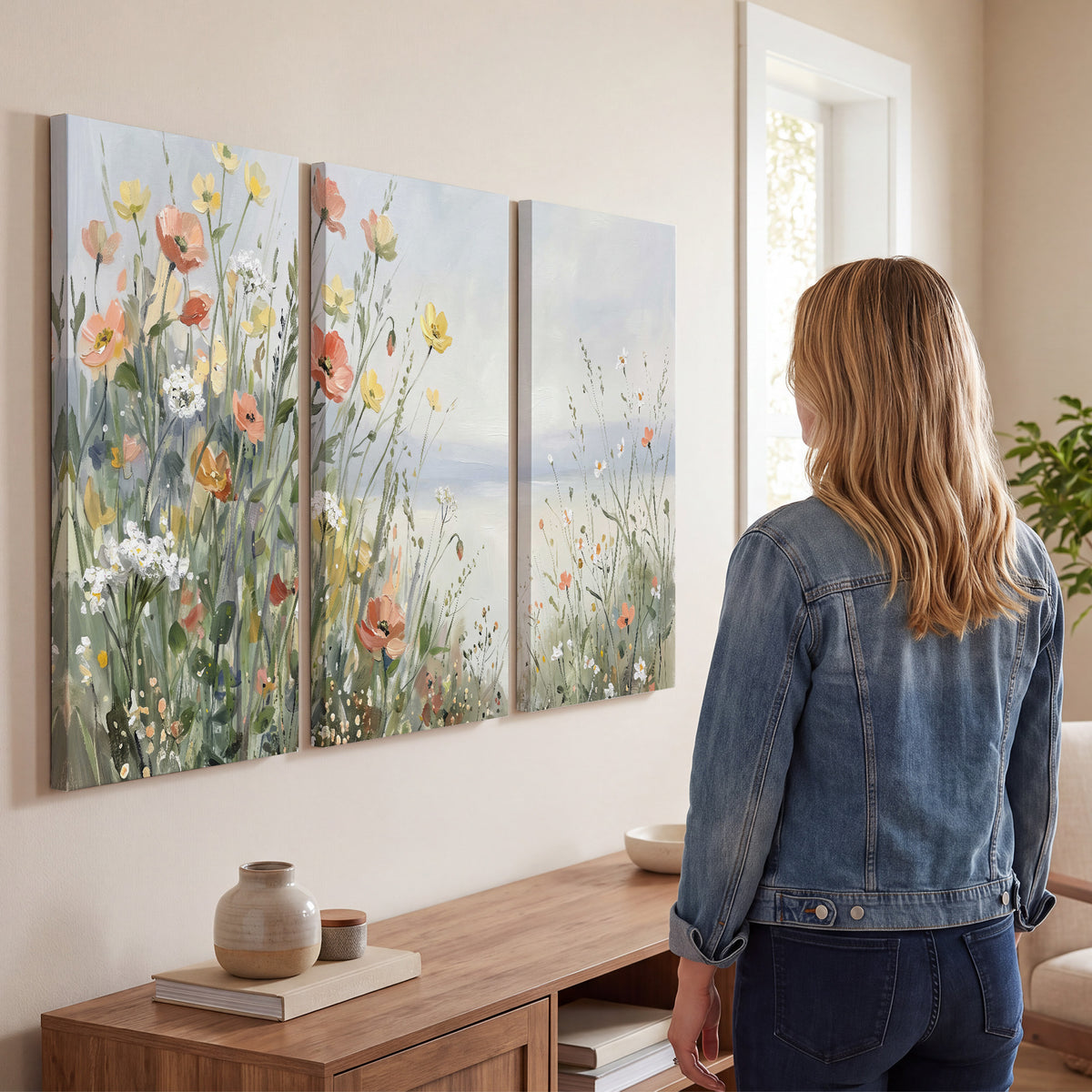 Small colorful wildflowers and light grasses beside a pale lake 3 piece canvas wall art three panel arrangement on a wall