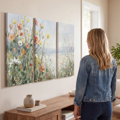 Small colorful wildflowers and light grasses beside a pale lake 3 piece canvas wall art three panel arrangement on a wall