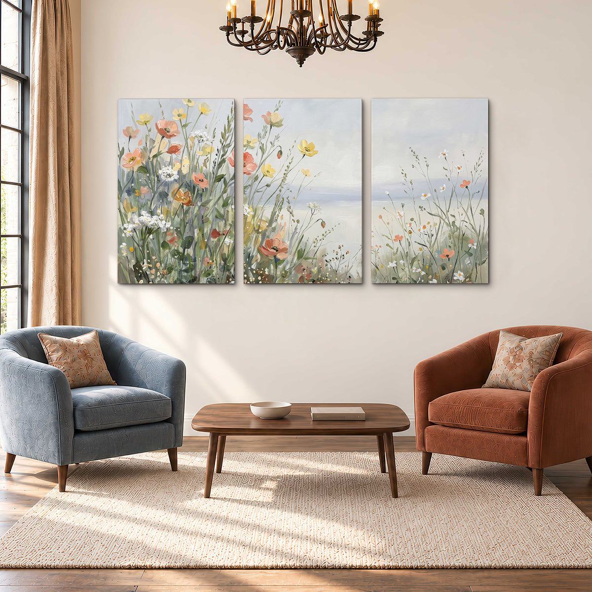 Small colorful wildflowers and light grasses beside a pale lake 3 piece canvas wall art styled in an interior