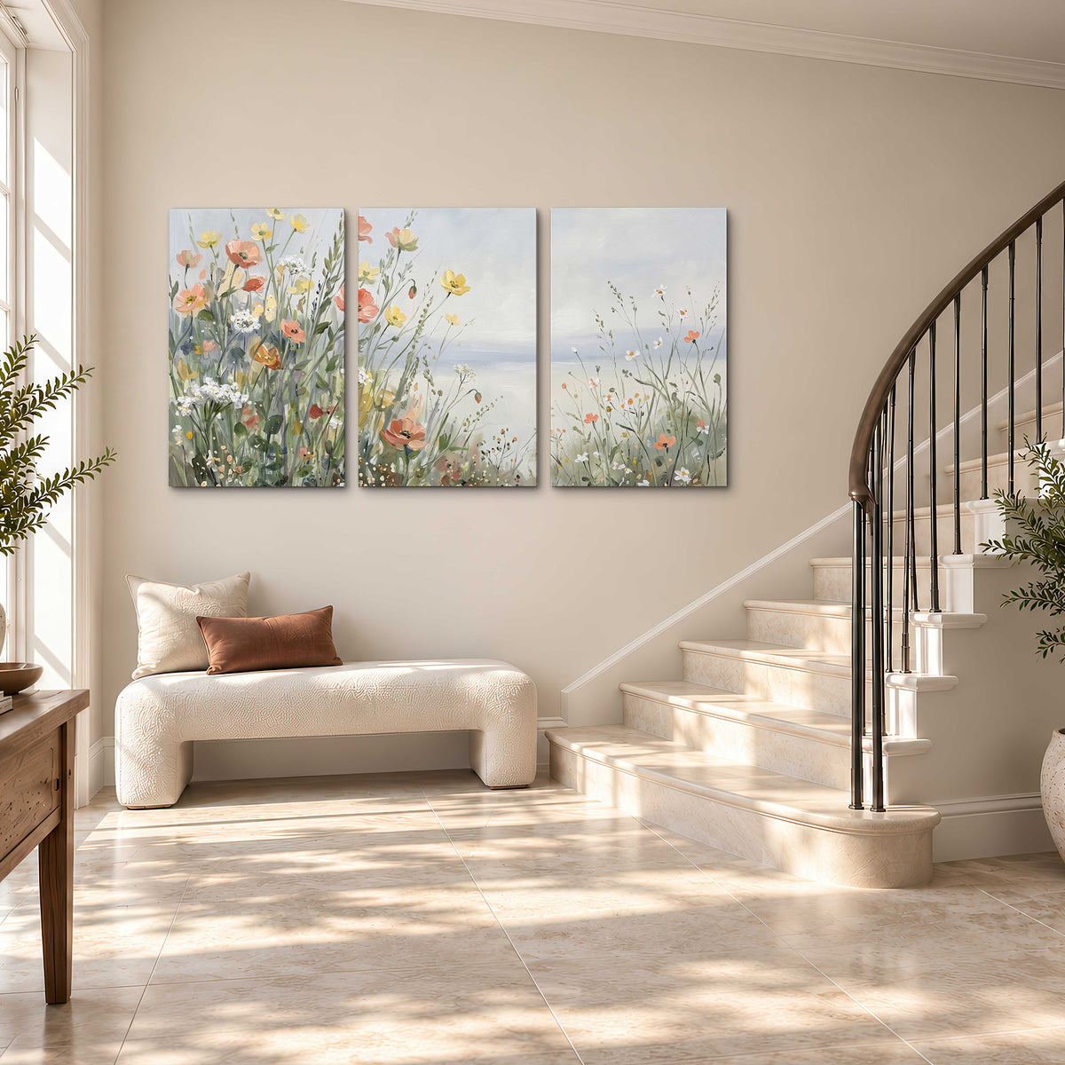 Small colorful wildflowers and light grasses beside a pale lake 3 piece canvas wall art styled in an interior