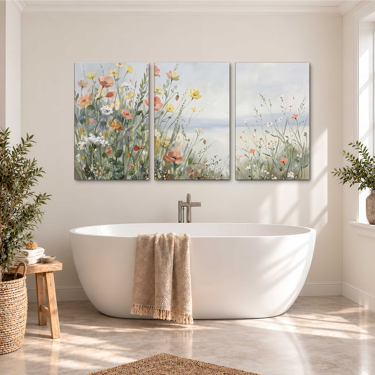 Small colorful wildflowers and light grasses beside a pale lake 3 piece canvas wall art styled in an interior