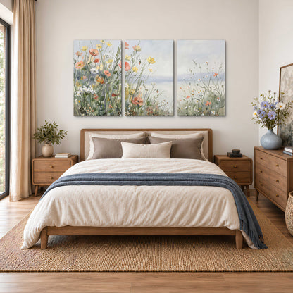 Small colorful wildflowers and light grasses beside a pale lake 3 piece canvas wall art styled in an interior