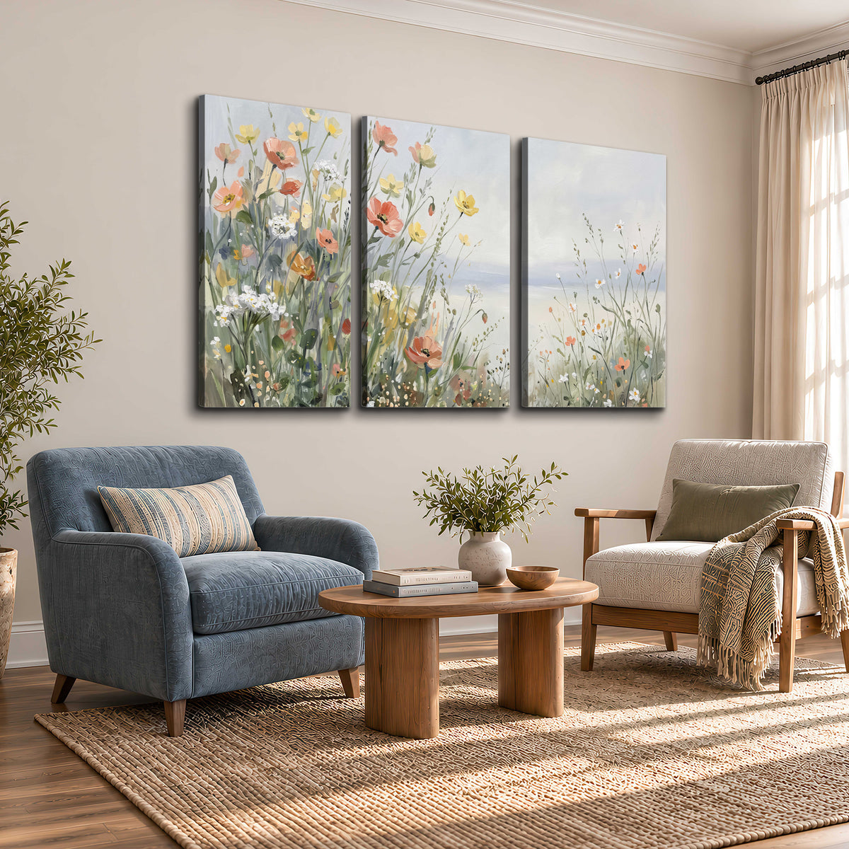 Small colorful wildflowers and light grasses beside a pale lake 3 piece canvas wall art styled in an interior