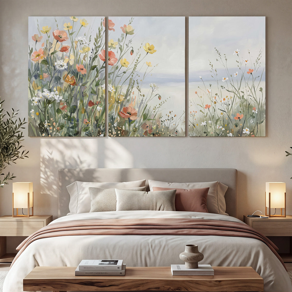 Small colorful wildflowers and light grasses beside a pale lake 3 piece canvas wall art displayed in a bedroom