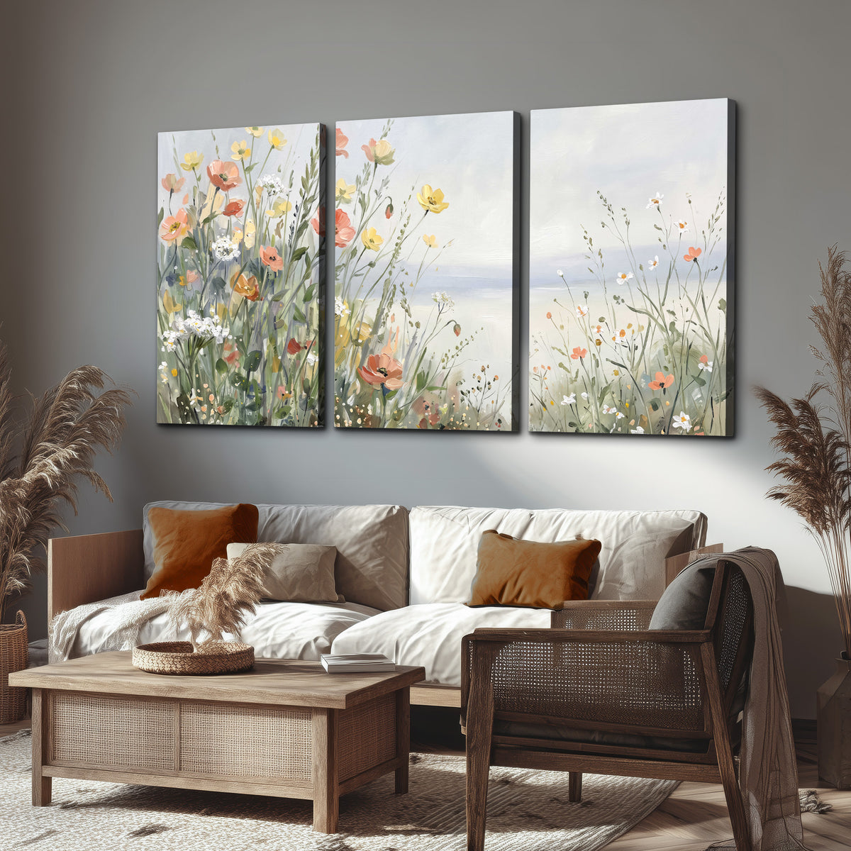 Small colorful wildflowers and light grasses beside a pale lake 3 piece canvas wall art displayed in a rustic living room