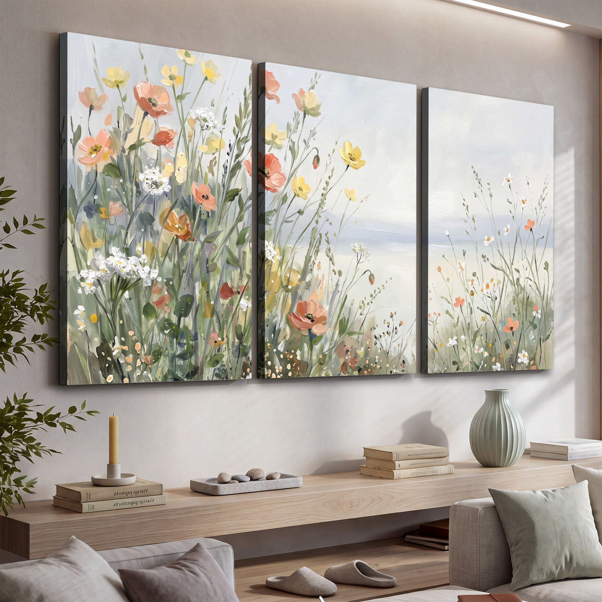 Small colorful wildflowers and light grasses beside a pale lake 3 piece canvas wall art displayed in a console