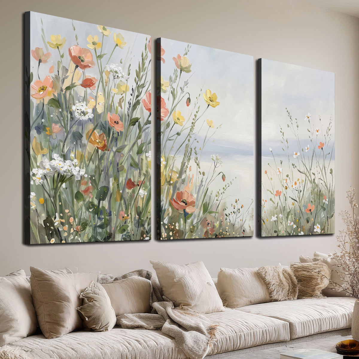 Small colorful wildflowers and light grasses beside a pale lake 3 piece canvas wall art room and product view