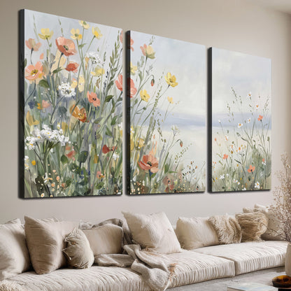 Small colorful wildflowers and light grasses beside a pale lake 3 piece canvas wall art room and product view