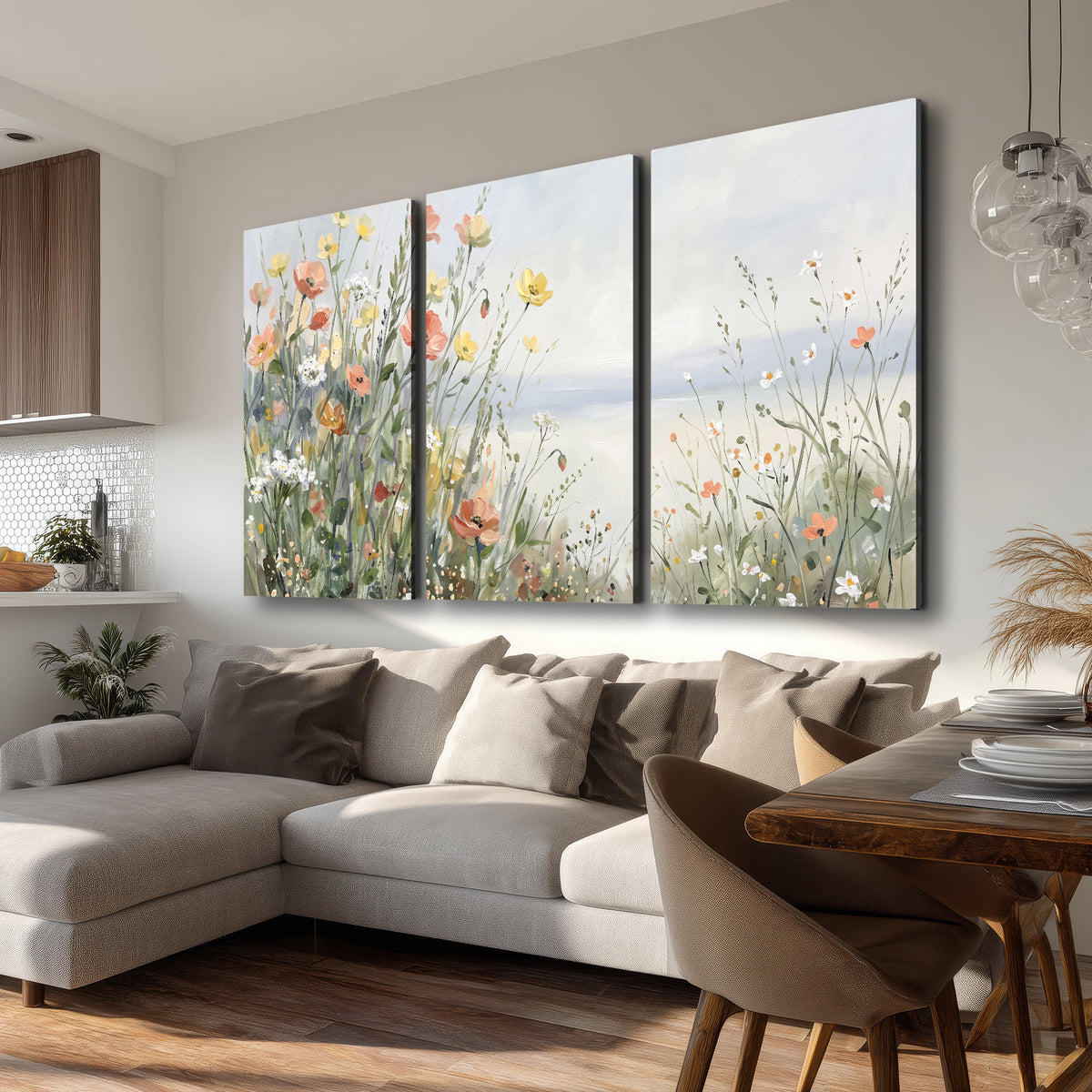 Small colorful wildflowers and light grasses beside a pale lake 3 piece canvas wall art room and product view