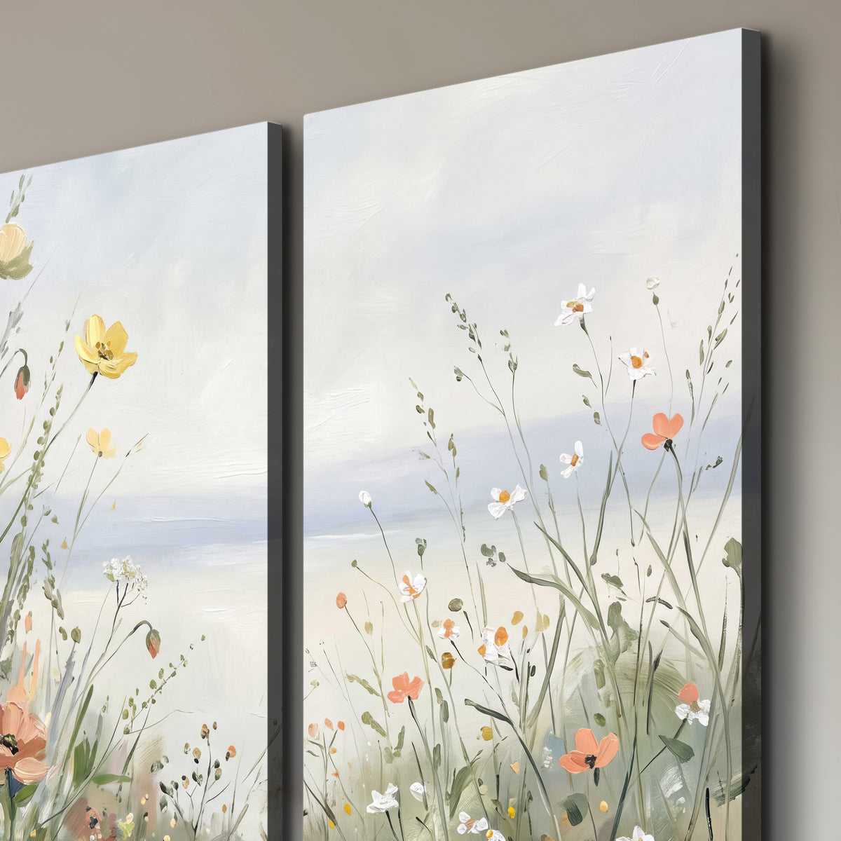 Small colorful wildflowers and light grasses beside a pale lake 3 piece canvas wall art room and product view
