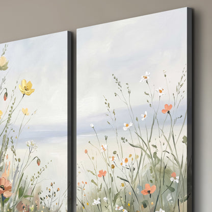 Small colorful wildflowers and light grasses beside a pale lake 3 piece canvas wall art room and product view