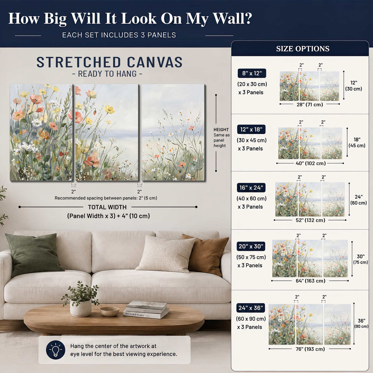 Small colorful wildflowers and light grasses beside a pale lake 3 piece canvas wall art size guide above a sofa; room view is illustrative