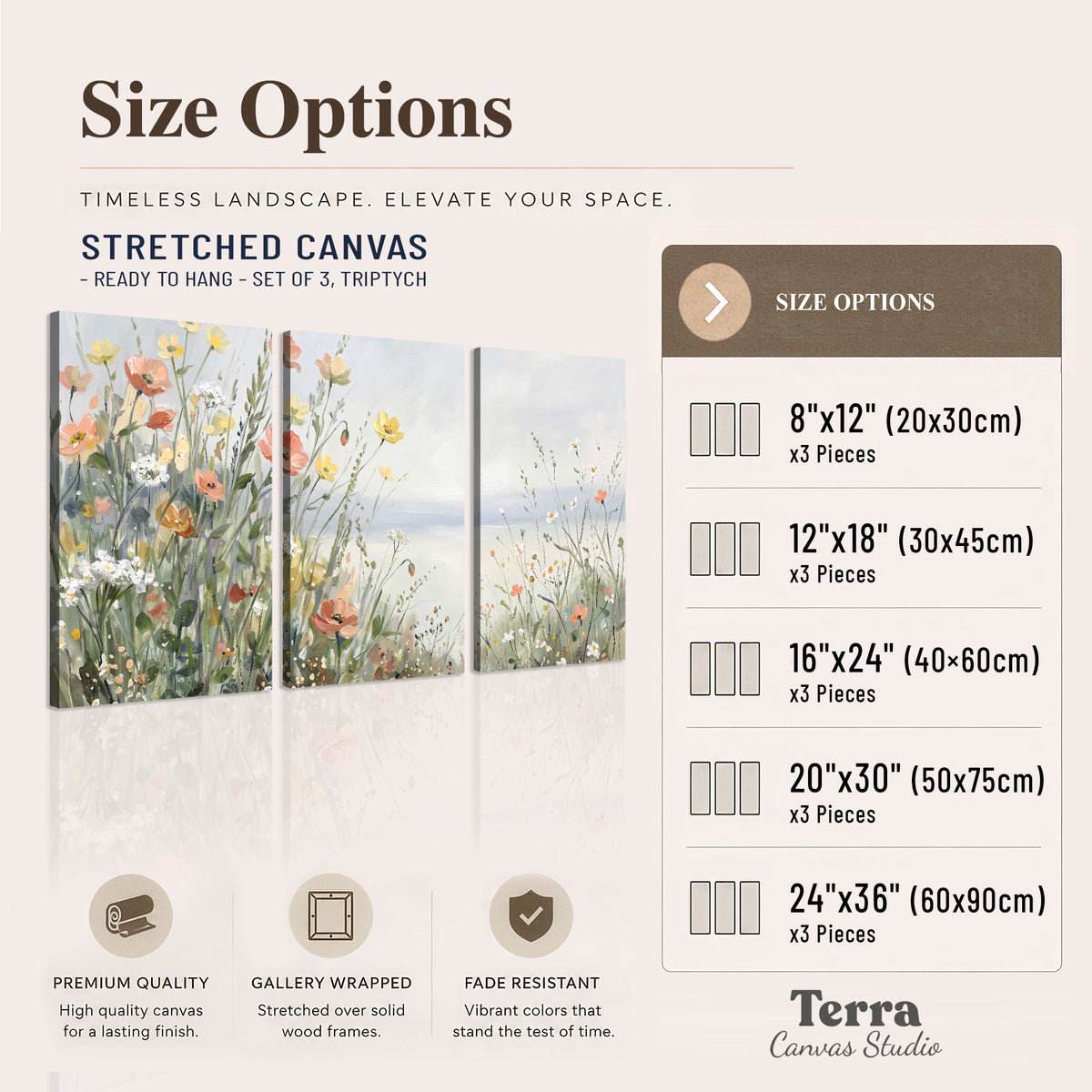 Small colorful wildflowers and light grasses beside a pale lake 3 piece canvas wall art available dimensions; triptych dimensions are per panel