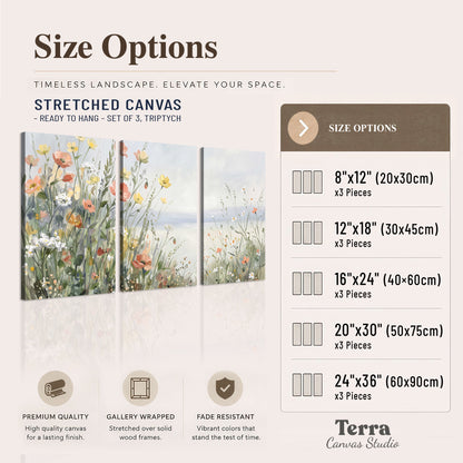 Small colorful wildflowers and light grasses beside a pale lake 3 piece canvas wall art available dimensions; triptych dimensions are per panel