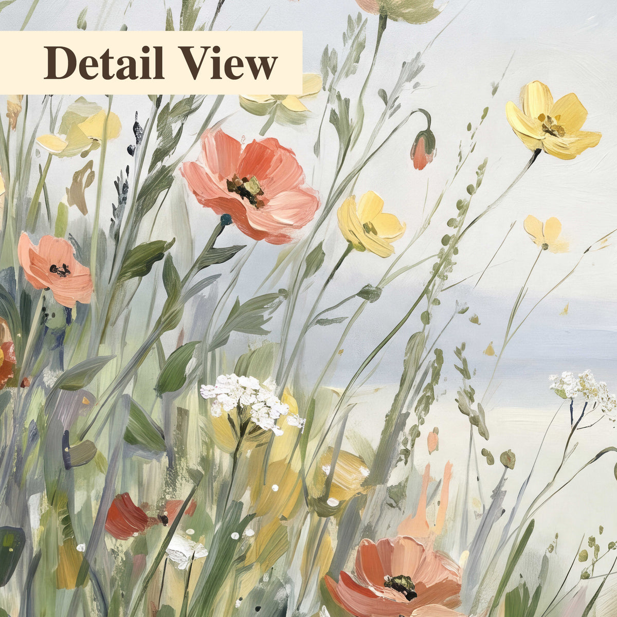 Small colorful wildflowers and light grasses beside a pale lake 3 piece canvas wall art artwork detail close up
