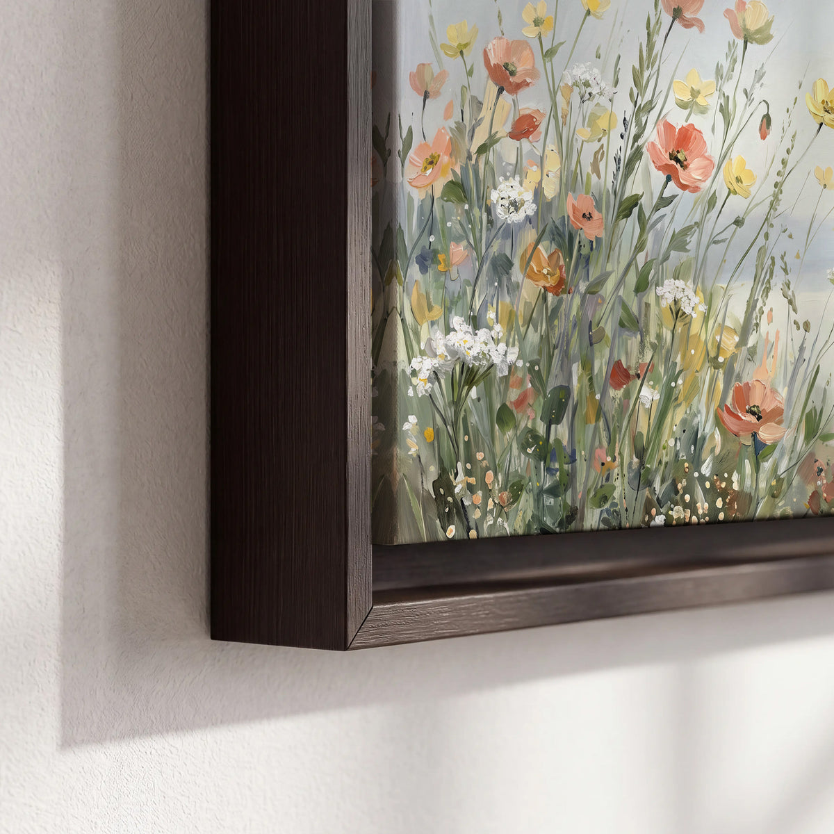 Small colorful wildflowers and light grasses beside a pale lake 3 piece framed canvas wall art material and edge close up