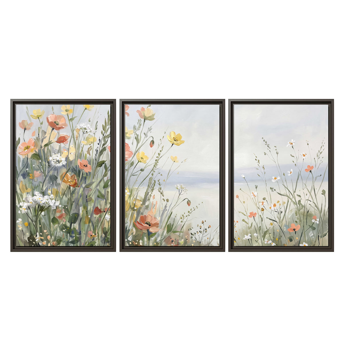 Small colorful wildflowers and light grasses beside a pale lake 3 piece framed canvas wall art viewed straight on